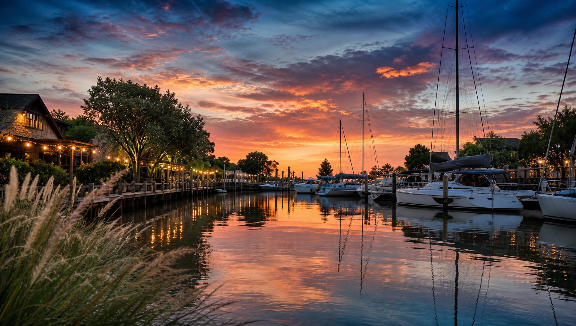 Puerto de Carmelo al atardecer con yates, luces cálidas y cielo dorado