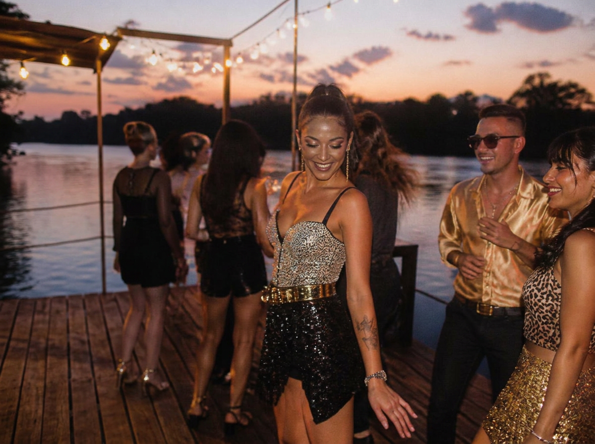 Invitados bailando con brillos y dorados en el muelle al atardecer